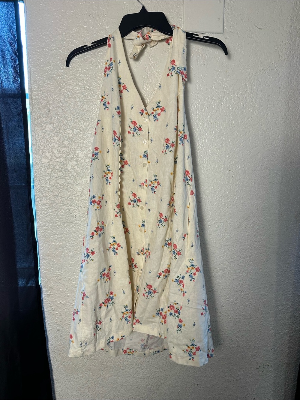 Universal Thread Cream Floral Halter Mini Dress with Pink & Blue Flowers